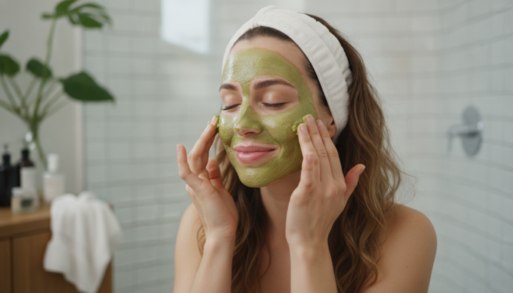 A woman gently applying a DIY facial mask to her clean face with a soft smile and good lighting demonstrating a self-car