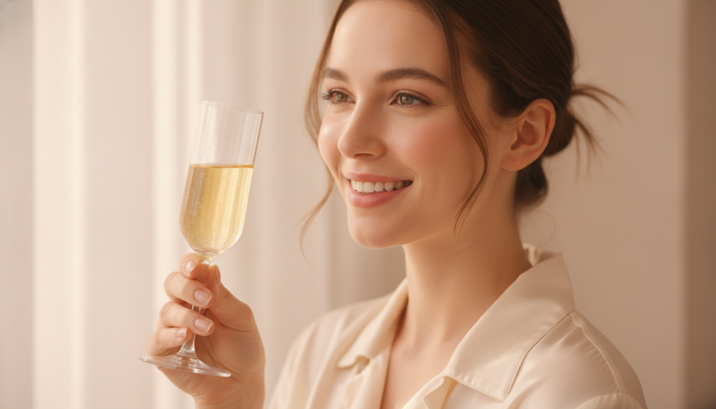 A woman with glowing healthy skin smiling while holding a glass of a beauty elixir The background is soft and warm sugge
