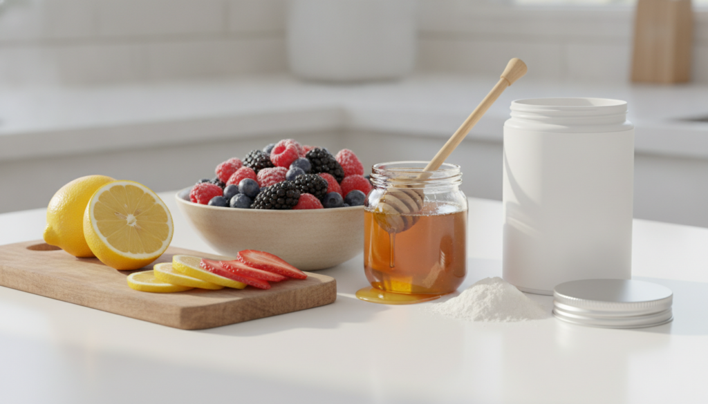 Ingredients for a DIY collagen elixir laid out on a clean counter perhaps with some berries a lemon and a container of c
