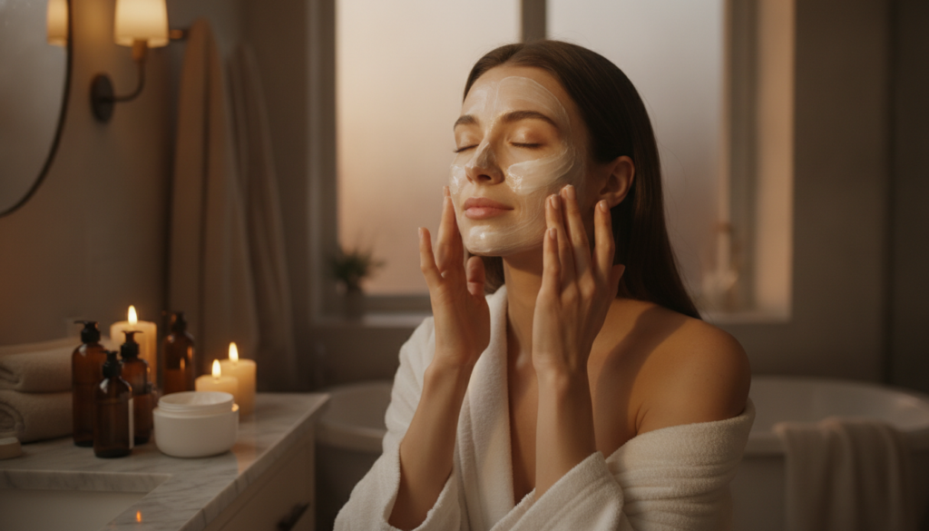 A woman gently applying a night cream to her face in a warm dimly lit bathroom looking relaxed and serene