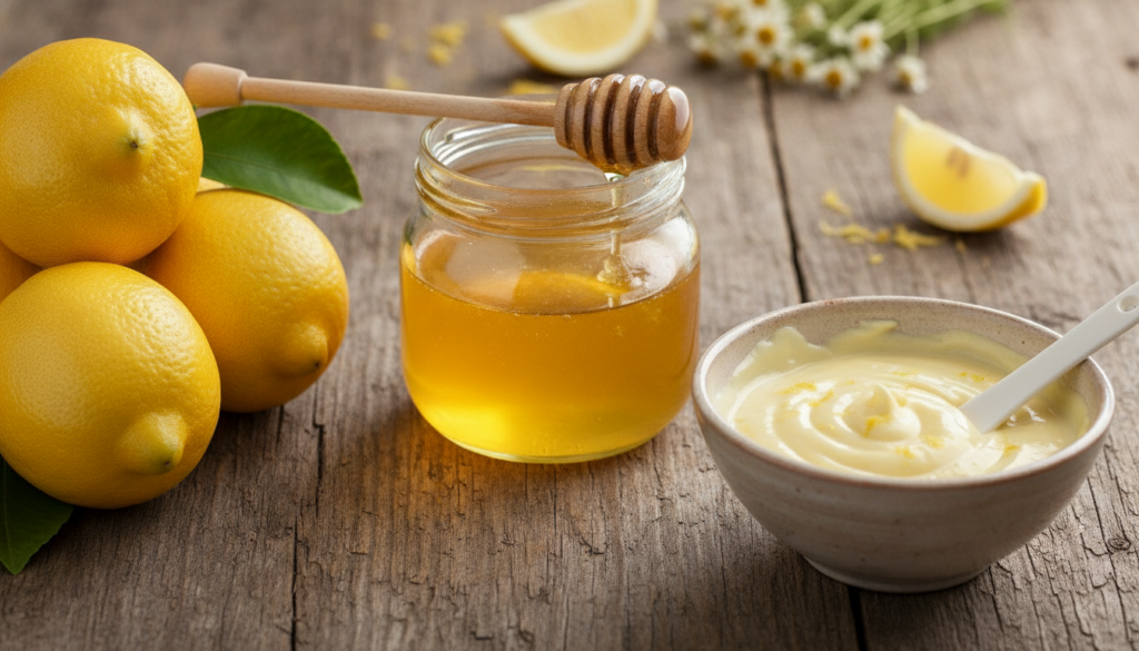 A close-up shot of natural ingredients like lemons honey and a small bowl with a homemade face mask mixture implying a D