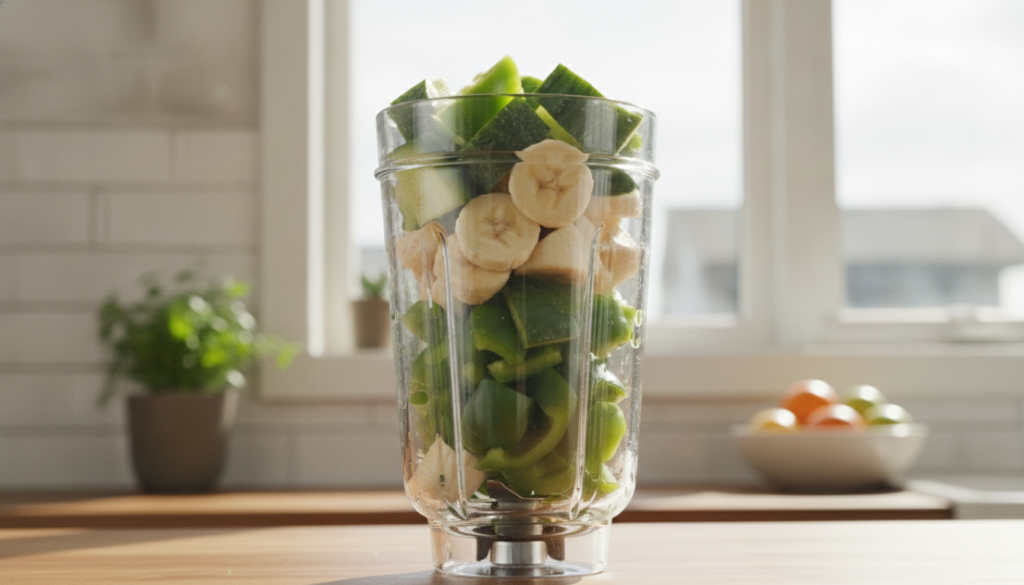 A blender filled with chopped cucumber bell pepper and banana ready to be blended into a smoothie