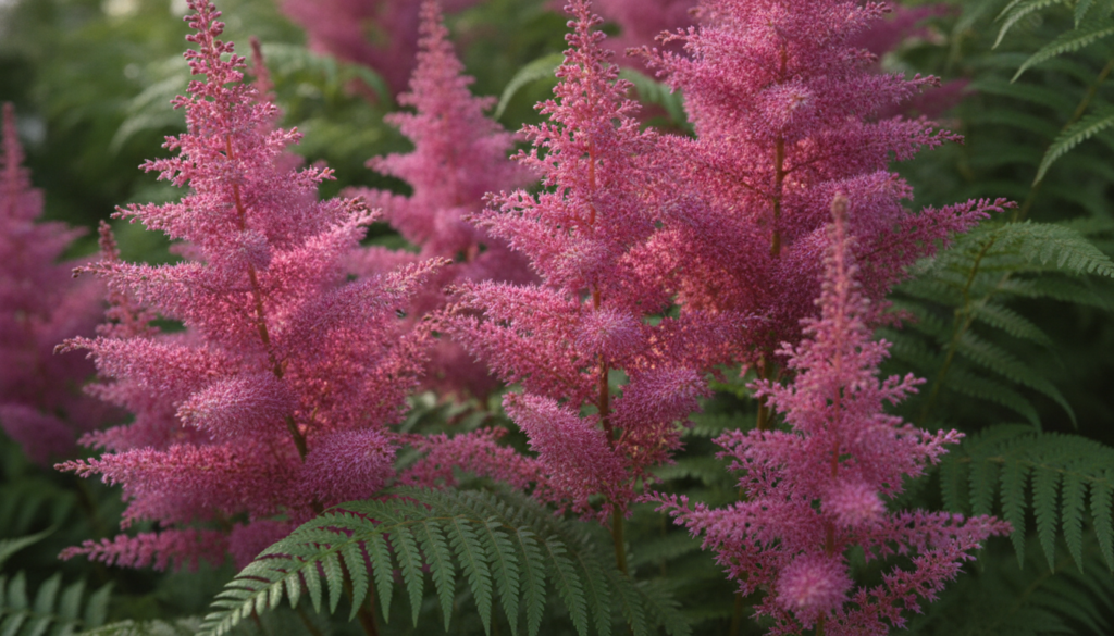 A close-up of vibrant pink Astilbe flowers blooming in a shade garden with lush green foliage