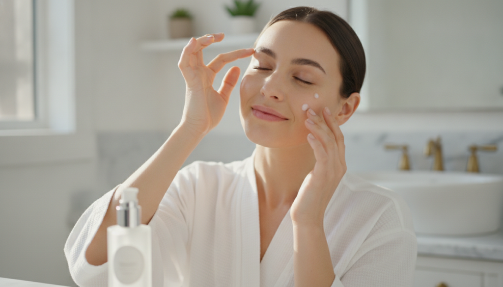 A woman gently applies the translucent white rice gel to her clean face focusing on her forehead and under-eye area with