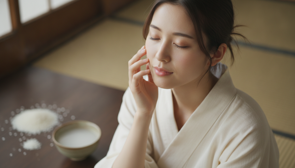 A serene image of a Japanese woman with clear youthful skin gently touching her face with rice grains and a small bowl o