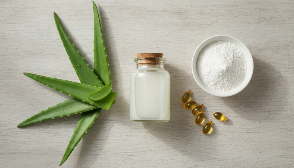 A small elegant glass jar filled with a homemade collagen night gel surrounded by ingredients like aloe vera leaves a sm
