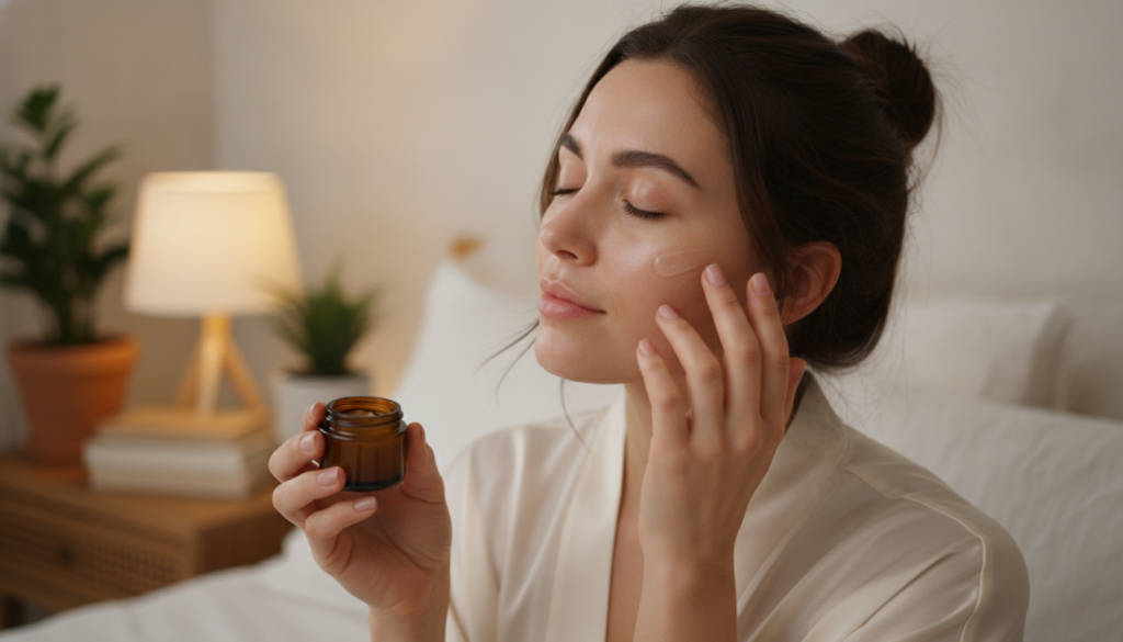 A woman gently applying a small amount of the DIY collagen night gel to her face at night with a soft warm glow from a b