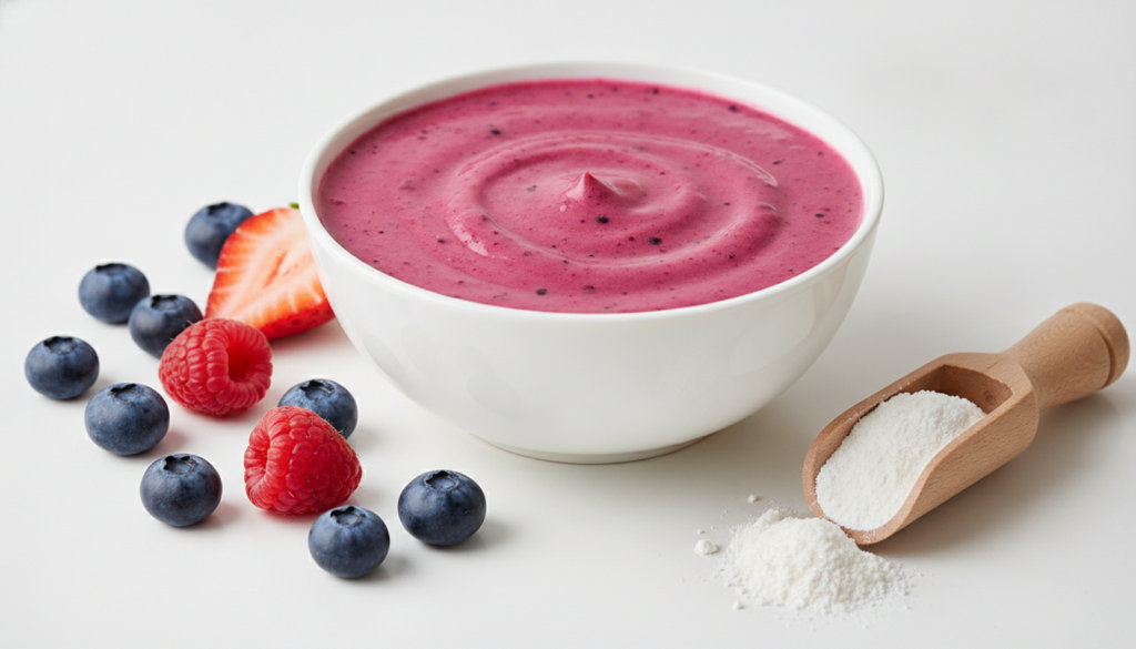 A close-up shot of a bowl filled with a vibrant berry and collagen face mask with fresh berries and a small container of