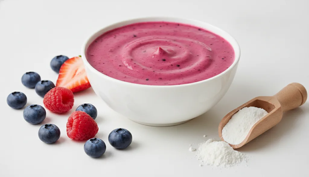 A close-up shot of a bowl filled with a vibrant berry and collagen face mask with fresh berries and a small container of