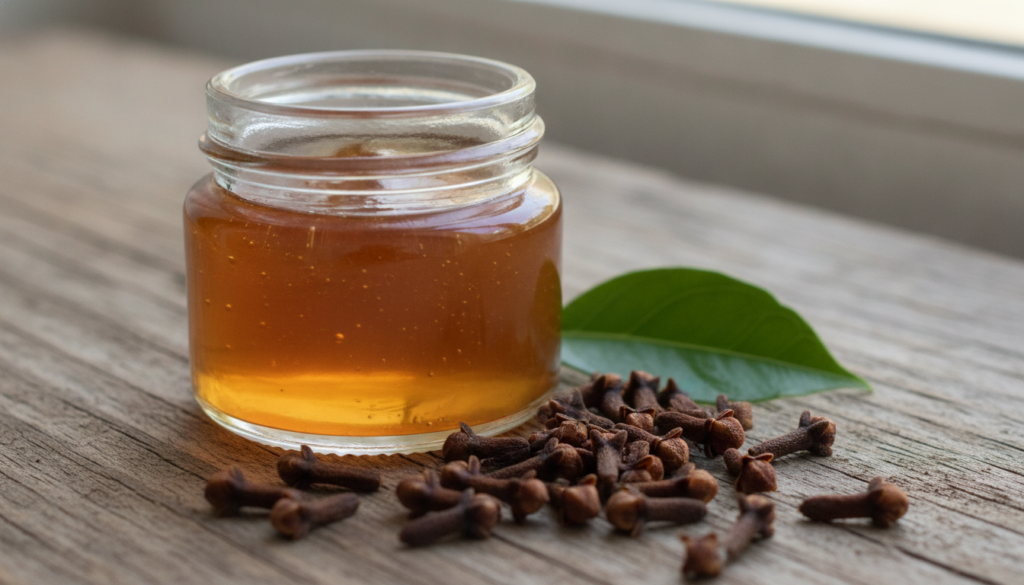 A small clear glass jar of homemade clove gel on a rustic wooden surface surrounded by whole cloves and a fresh green le
