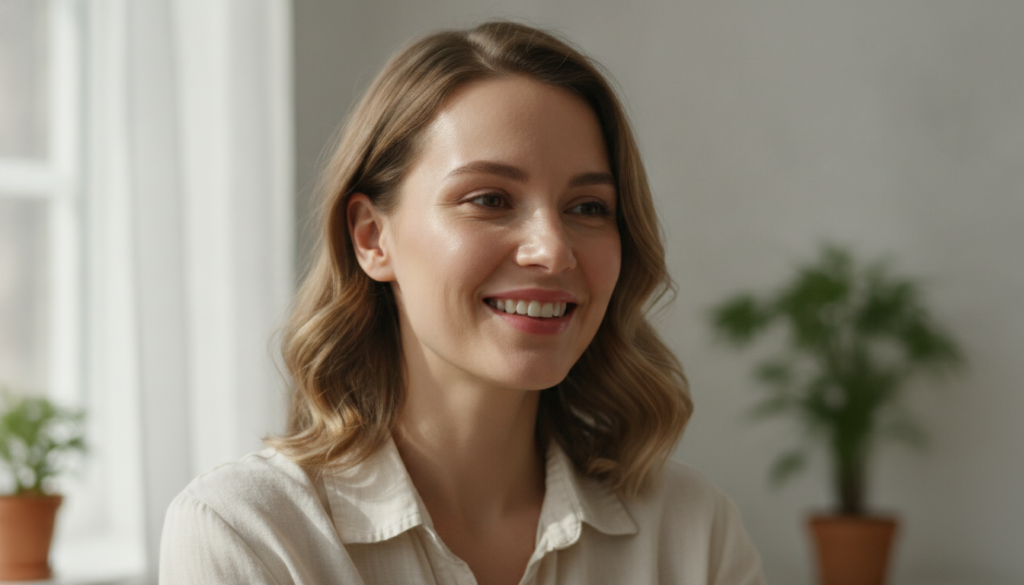 A woman smiling with radiant healthy and glowing skin looking confident and natural