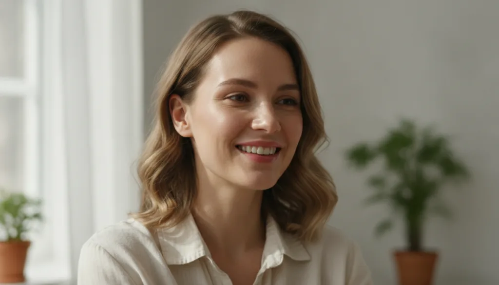 A woman smiling with radiant healthy and glowing skin looking confident and natural