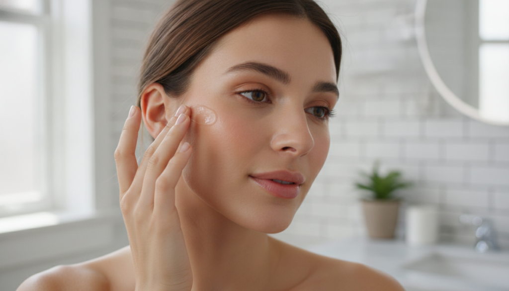 A woman gently patting a small amount of a transparent balm onto her cheek with a soft glowing complexion showing the ap