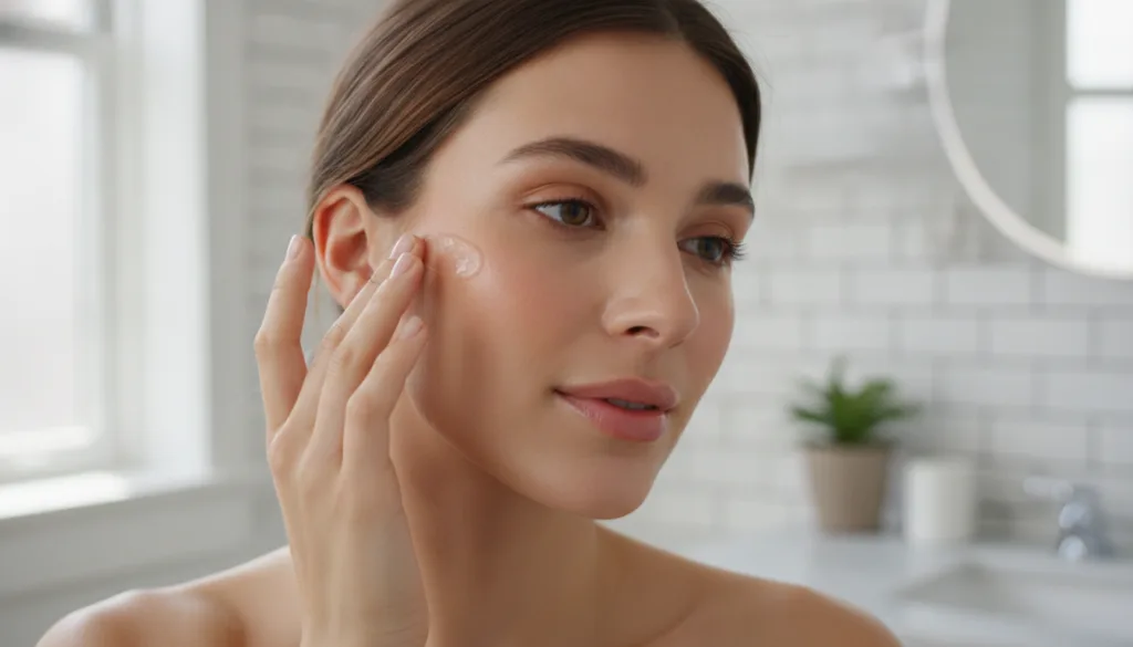 A woman gently patting a small amount of a transparent balm onto her cheek with a soft glowing complexion showing the ap