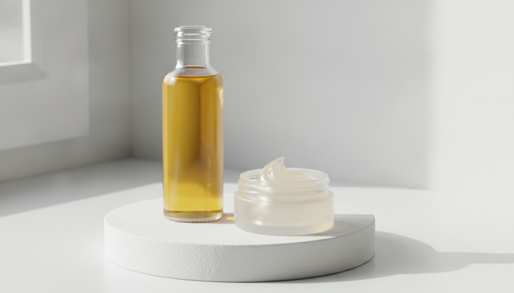 A bottle of sweet almond oil next to a small container of petroleum jelly on a clean light-colored surface with a soft f