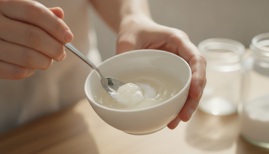 Close-up of hands mixing Vaseline and baking soda in a small white bowl with a spoon creating a smooth white paste