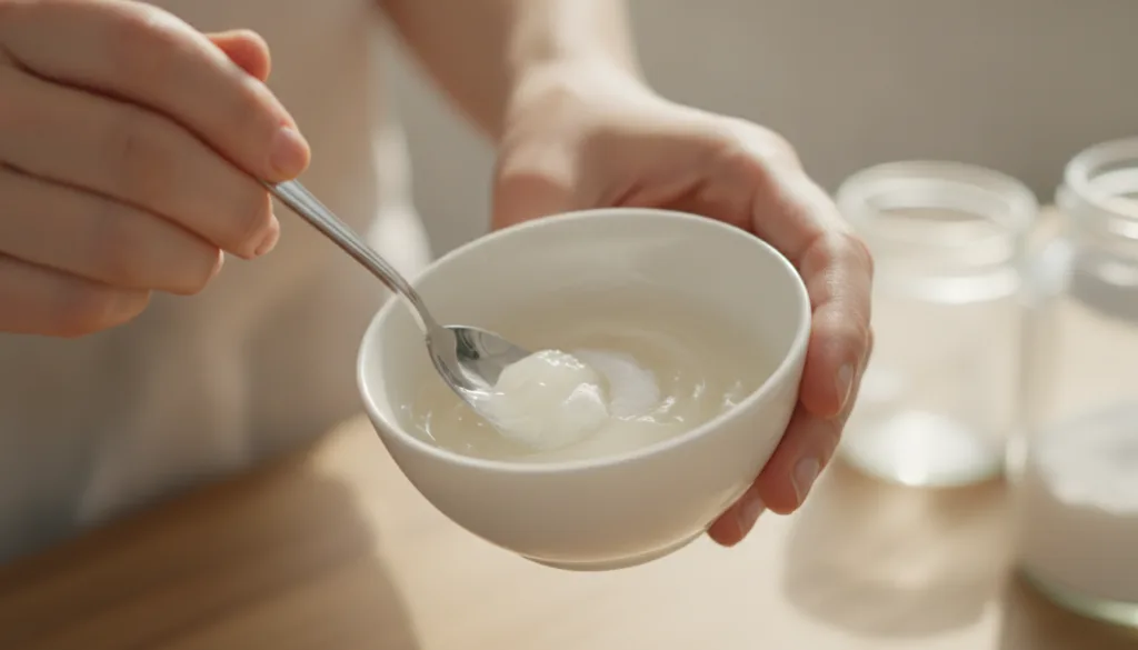 Close-up of hands mixing Vaseline and baking soda in a small white bowl with a spoon creating a smooth white paste
