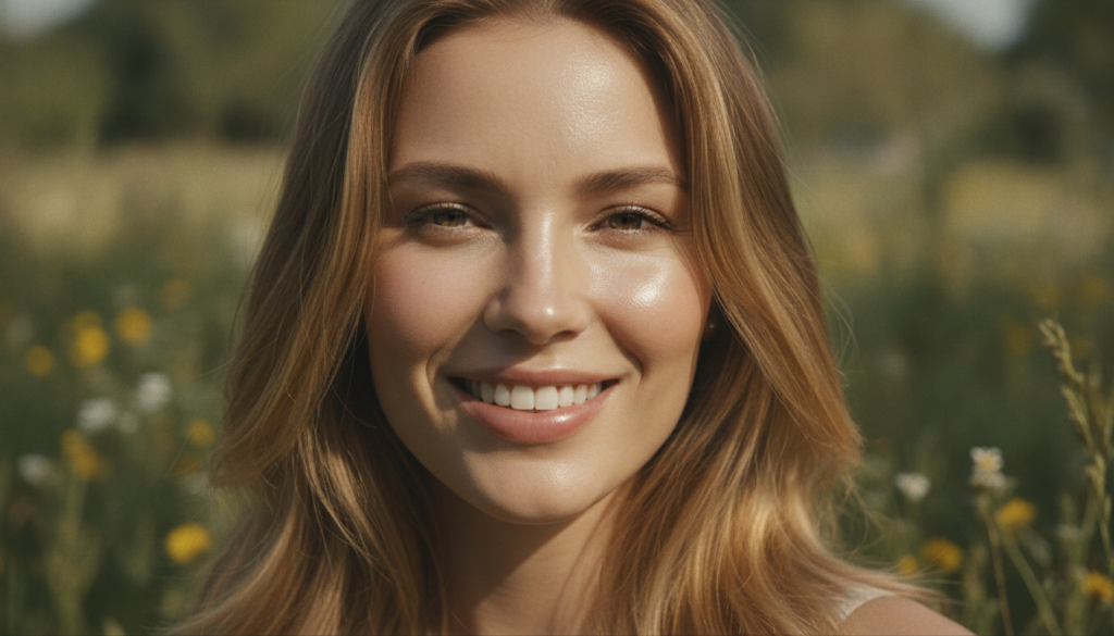 A woman s face with bright smooth and glowing skin smiling confidently in a natural setting