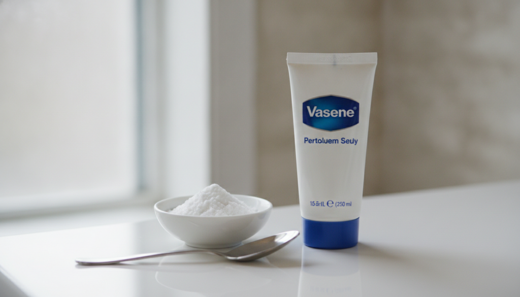 A tube of Vaseline petroleum jelly next to a small bowl of white baking soda with a spoon nearby set on a simple clean b