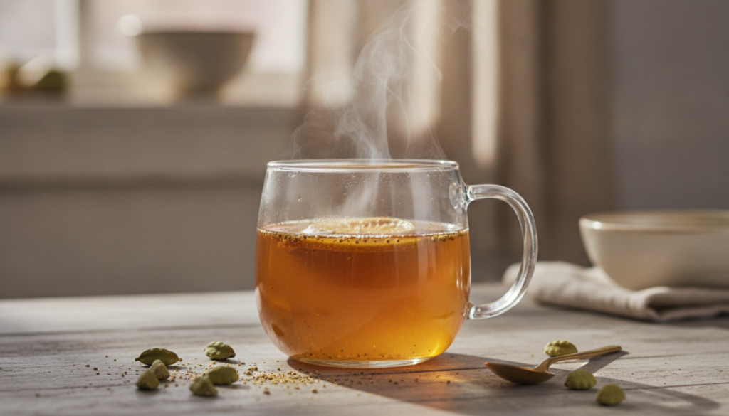 A clear glass mug filled with a warm golden-hued cardamom collagen tonic steaming gently with a few green cardamom pods 