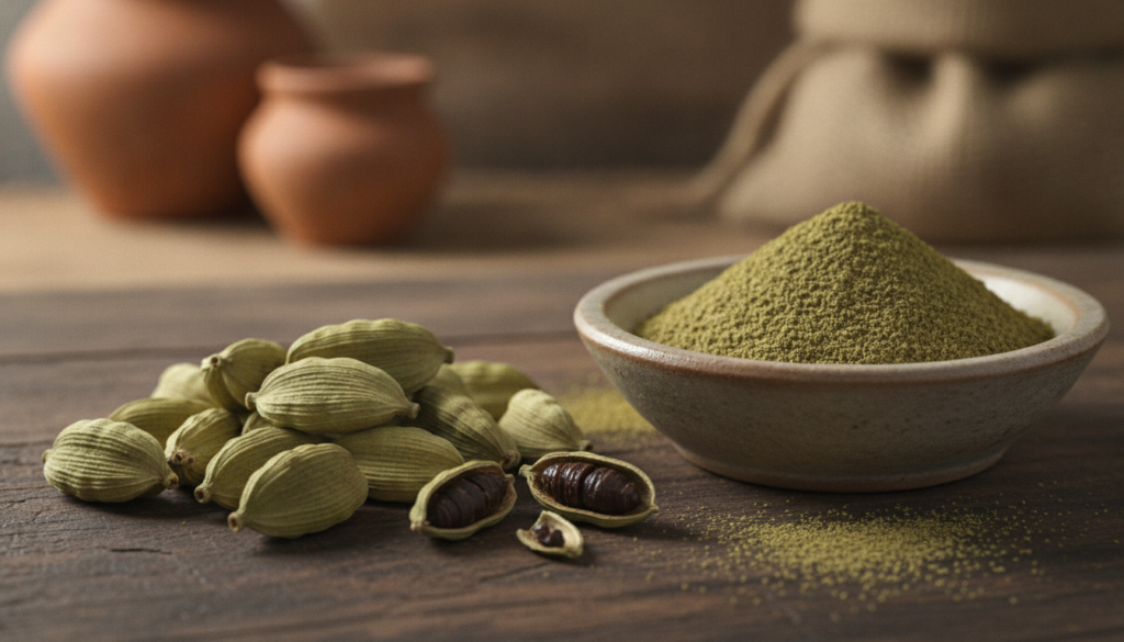 A close-up of whole green cardamom pods and a small bowl of ground cardamom powder on a rustic wooden surface with soft 