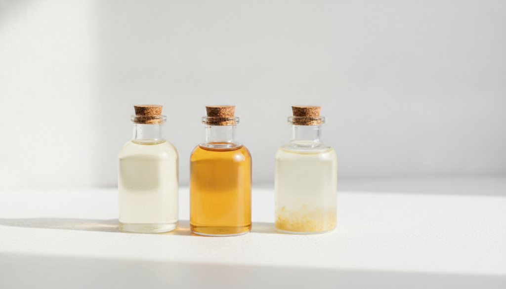 A still life image showing small bottles of baby oil vitamin E oil and lemon extract arranged neatly on a smooth light-c