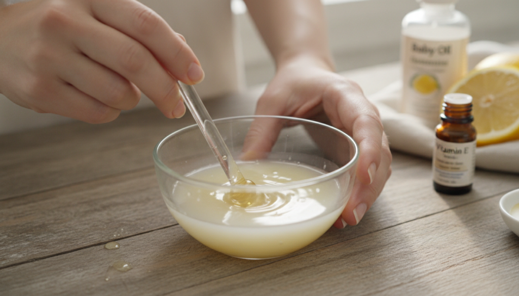 Close-up shot of a person s hands gently mixing baby oil vitamin E and lemon extract in a small clear glass bowl with a 