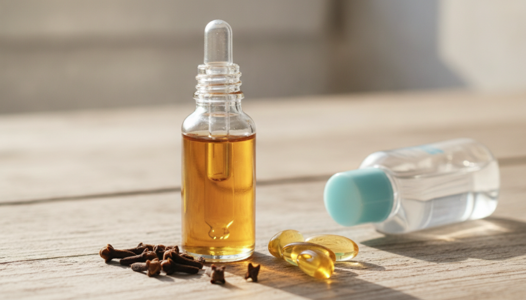 A small clear glass dropper bottle filled with golden-hued infused oil surrounded by dried cloves a bottle of baby oil a