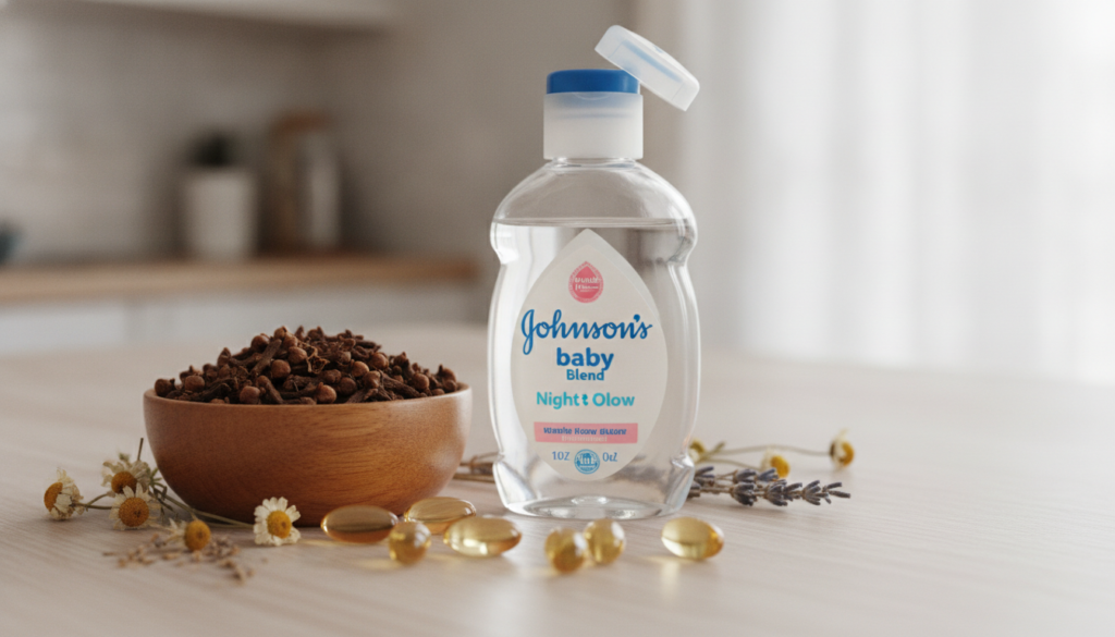 A collection of ingredients for the DIY night glow blend a bottle of baby oil a small bowl of whole cloves and a few gol