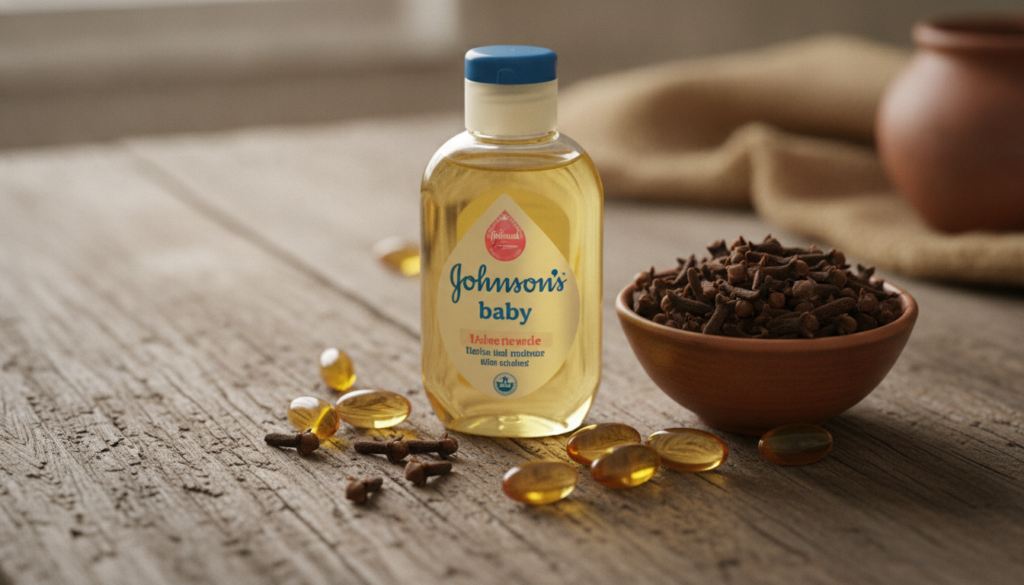 A still life composition showing Johnson s baby oil whole cloves and vitamin E capsules arranged aesthetically on a rust