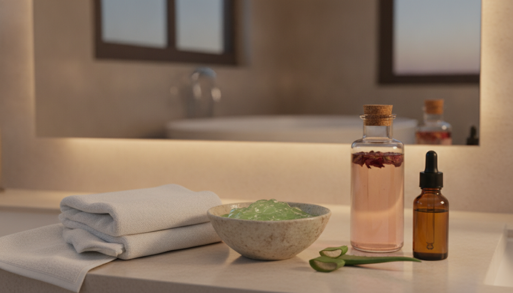A serene bathroom counter with natural skincare ingredients like a small bowl of aloe vera gel a bottle of rosewater a d
