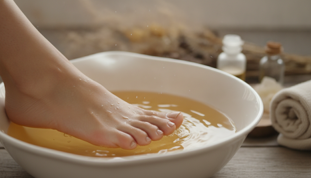 A person s foot soaking in a basin with the apple cider vinegar and tea tree oil mixture
