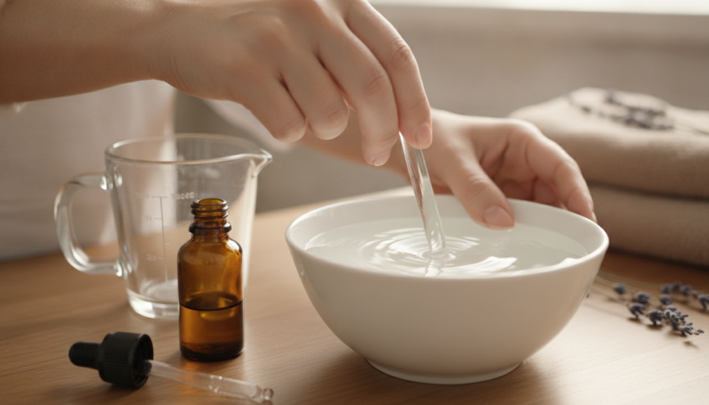 A person s hands mixing apple cider vinegar and tea tree oil into a basin of warm water