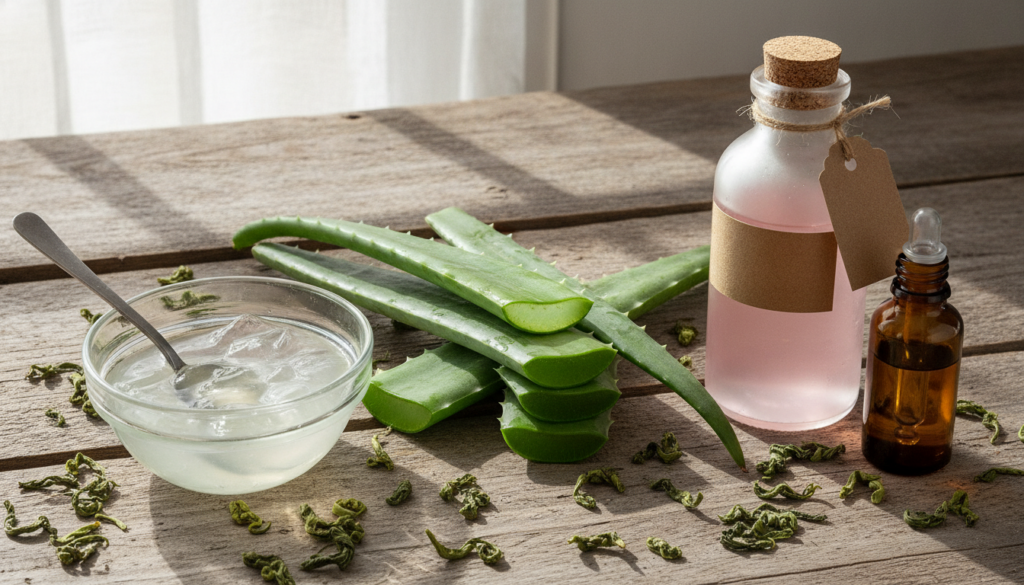 A close-up shot of the ingredients for a homemade beauty gel fresh aloe vera leaves a bowl of clear aloe vera gel a bott