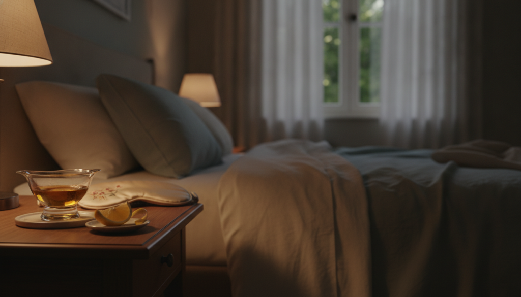 A serene bedroom at night with a small bowl containing a mixture of oils baby oil Vitamin E lemon extract on a bedside t