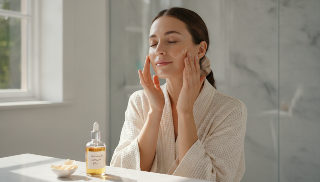 A woman gently massaging the homemade collagen oil onto her clean face with a soft glowing complexion in a bright bathro