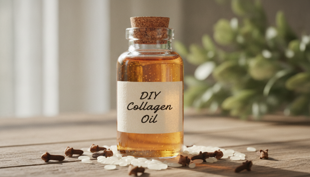 A close-up of a small glass bottle filled with a golden liquid labeled DIY Collagen Oil with a few grains of rice and dr