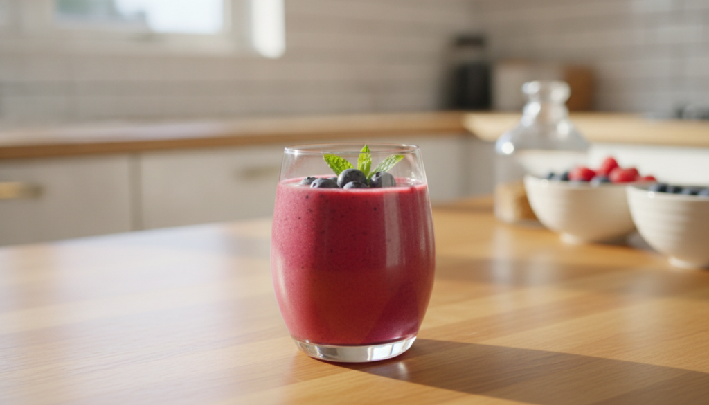 A vibrant smooth homemade berry collagen drink in a clear glass garnished with fresh berries and a mint leaf set on a br