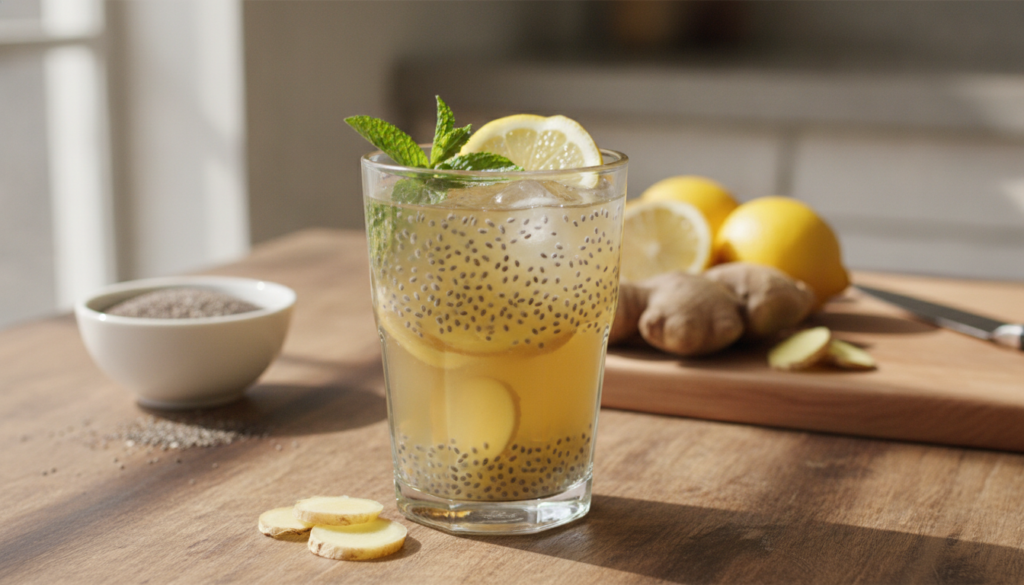 A vibrant refreshing glass of a chia seed and ginger drink garnished with lemon slices and mint against a bright clean b