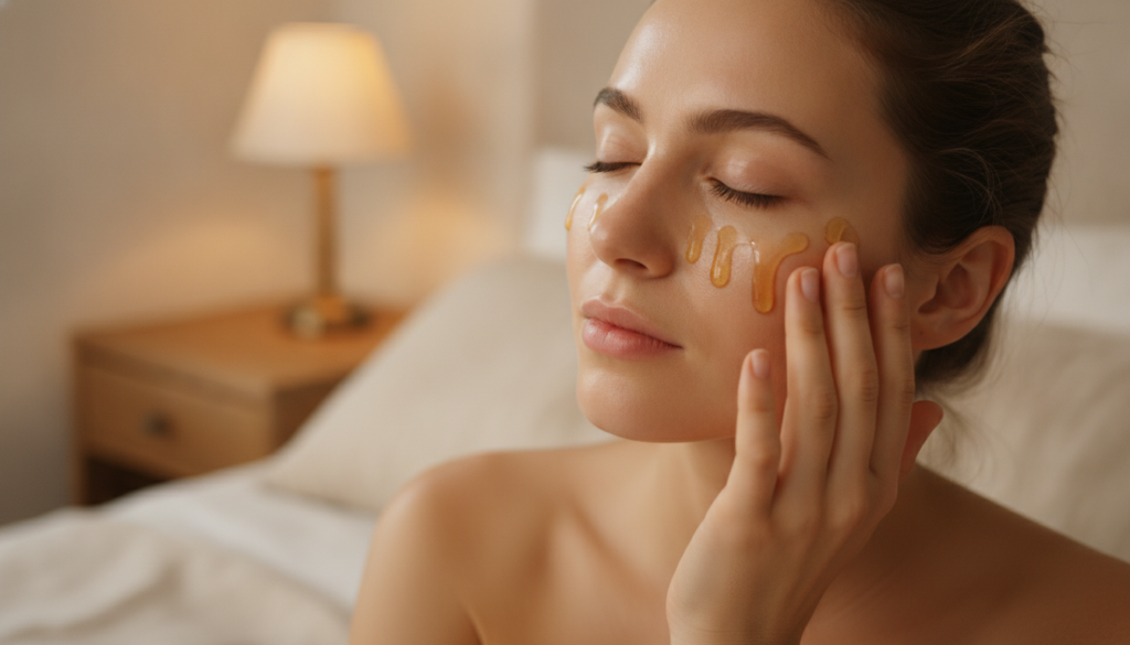 A person gently massaging the homemade clove collagen oil onto their clean face before bed demonstrating the application