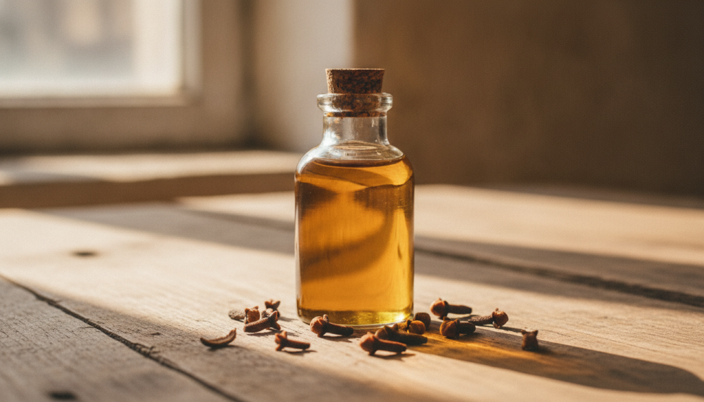A small glass bottle of homemade clove collagen oil perhaps with some dried cloves or clove oil dropper nearby on a rust