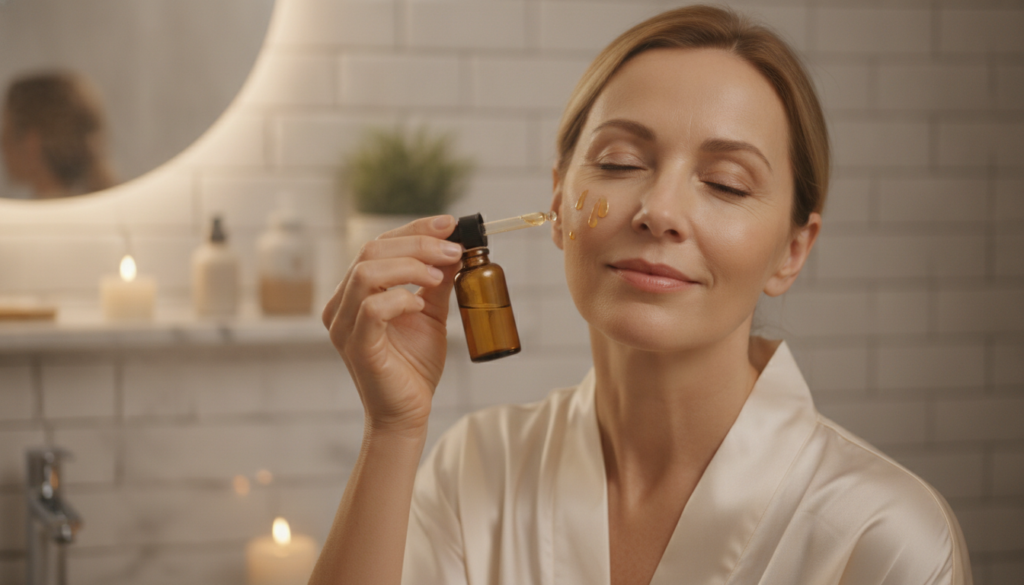 A woman in her 50s or 60s gently applying a drop of natural oil to her face as part of a night routine with soft lightin