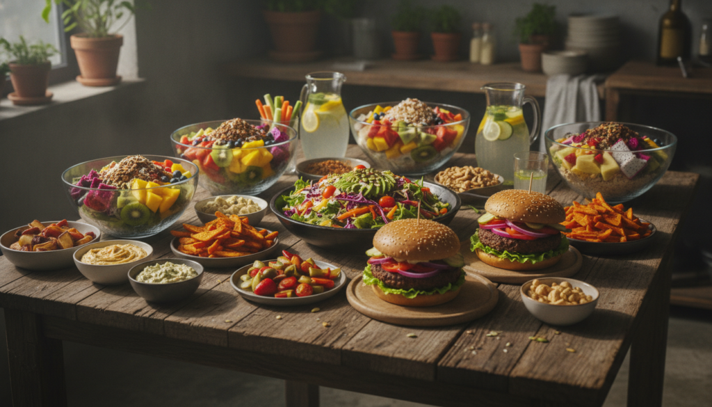 A vibrant diverse spread of delicious vegan dishes like colorful salads hearty plant-based burgers and fresh fruit bowls