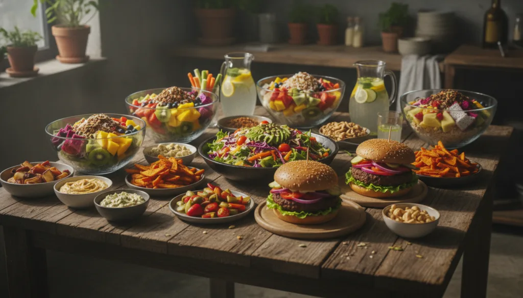 A vibrant diverse spread of delicious vegan dishes like colorful salads hearty plant-based burgers and fresh fruit bowls