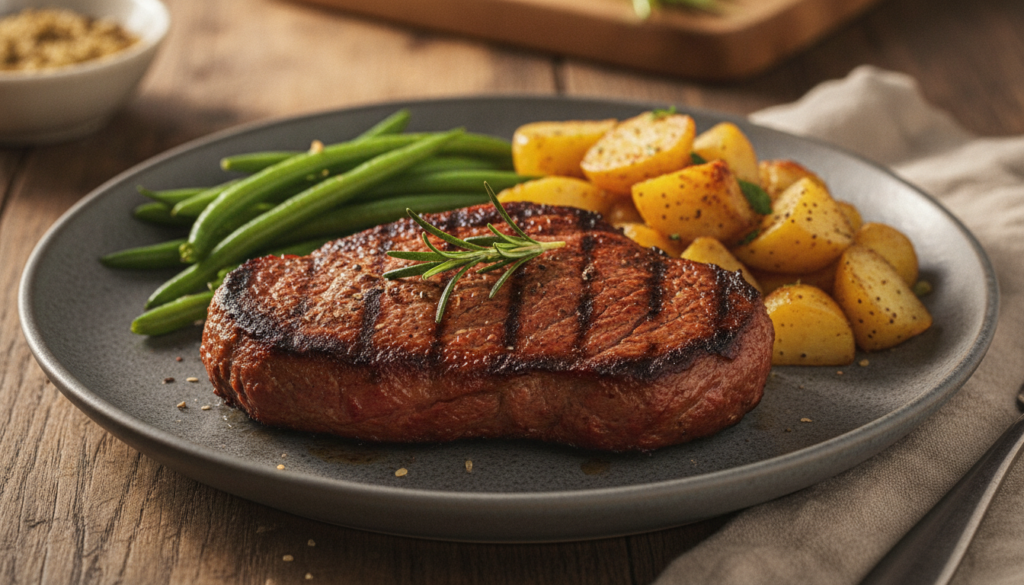 A perfectly seared vegan steak possibly made from seitan or a large mushroom with a beautiful brown crust served on a pl