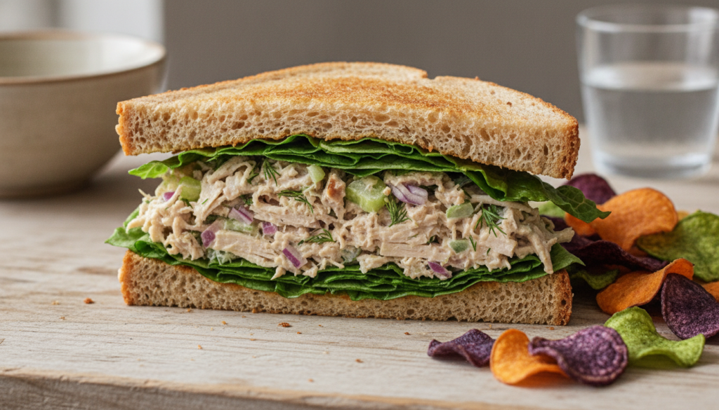 A close-up shot of a vegan chicken salad sandwich on toasted bread garnished with fresh lettuce and a side of healthy ch