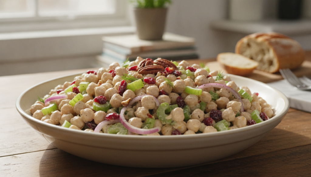 A vibrant and appealing bowl of cranberry pecan vegan chicken salad with visible chickpeas chopped celery red onion drie