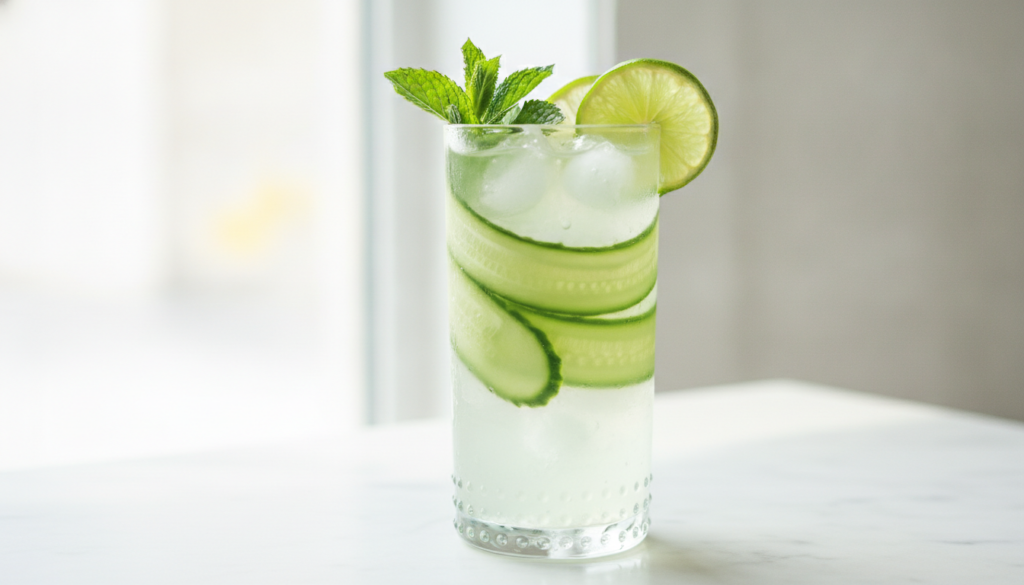 A tall glass of a light green cucumber mint drink with lime slices and fresh mint leaves possibly with a subtle fizzines