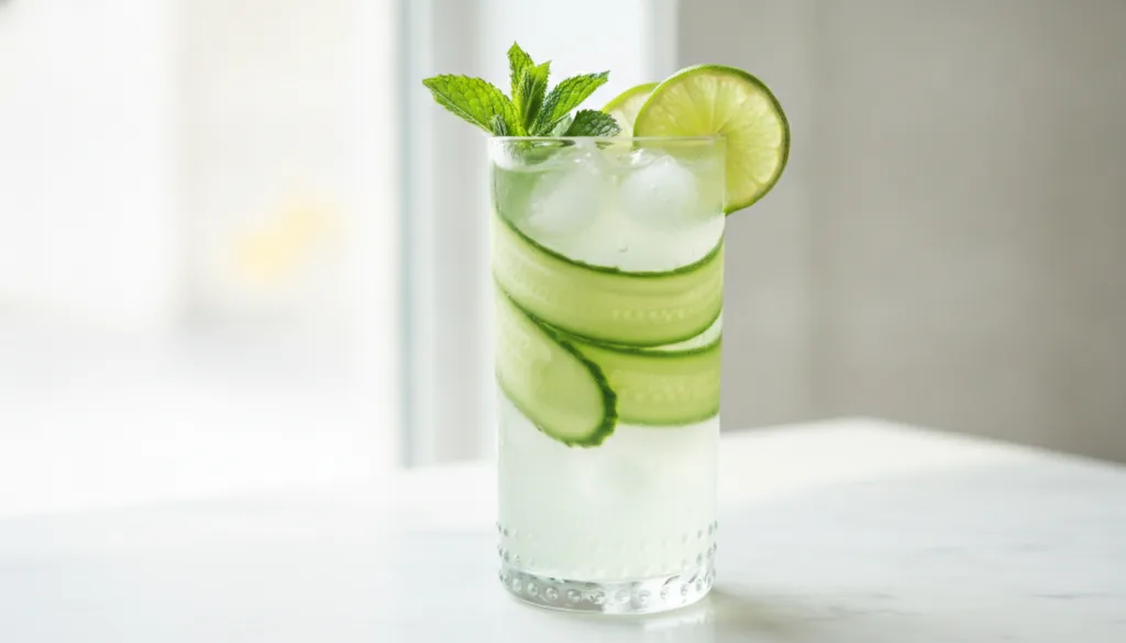 A tall glass of a light green cucumber mint drink with lime slices and fresh mint leaves possibly with a subtle fizzines