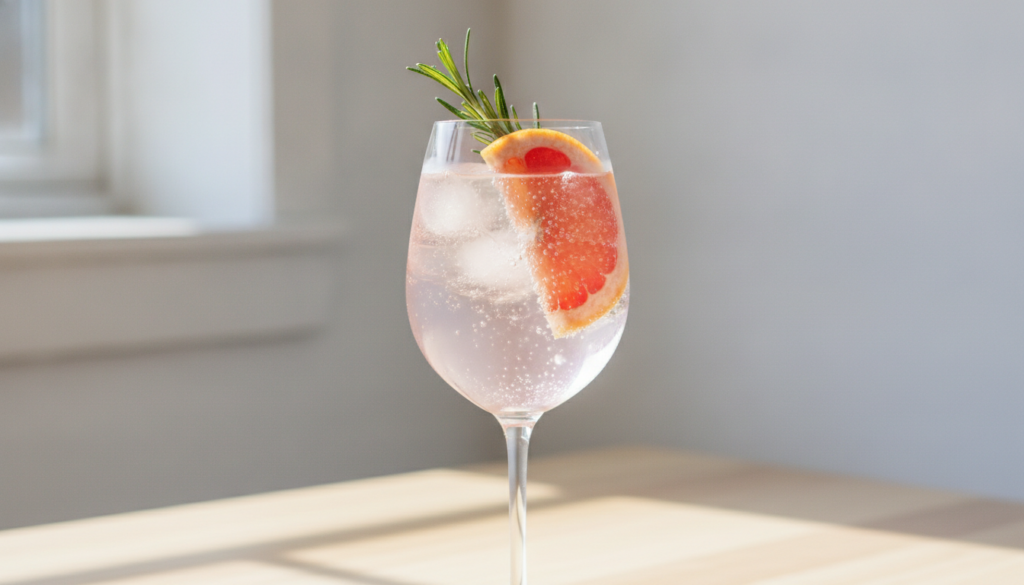 An elegant gin fizz cocktail with grapefruit juice sparkling water and a rosemary sprig garnish in a tall glass